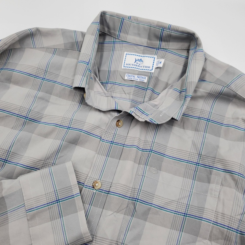 Southern Tide Coastal Passage Mens Medium Grey Plaid Performance Button Down